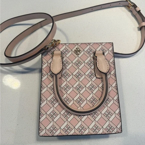 Pink Patterned Mini Tote Crossbody Bag - Designer Logo Accent - Picture 2 of 8